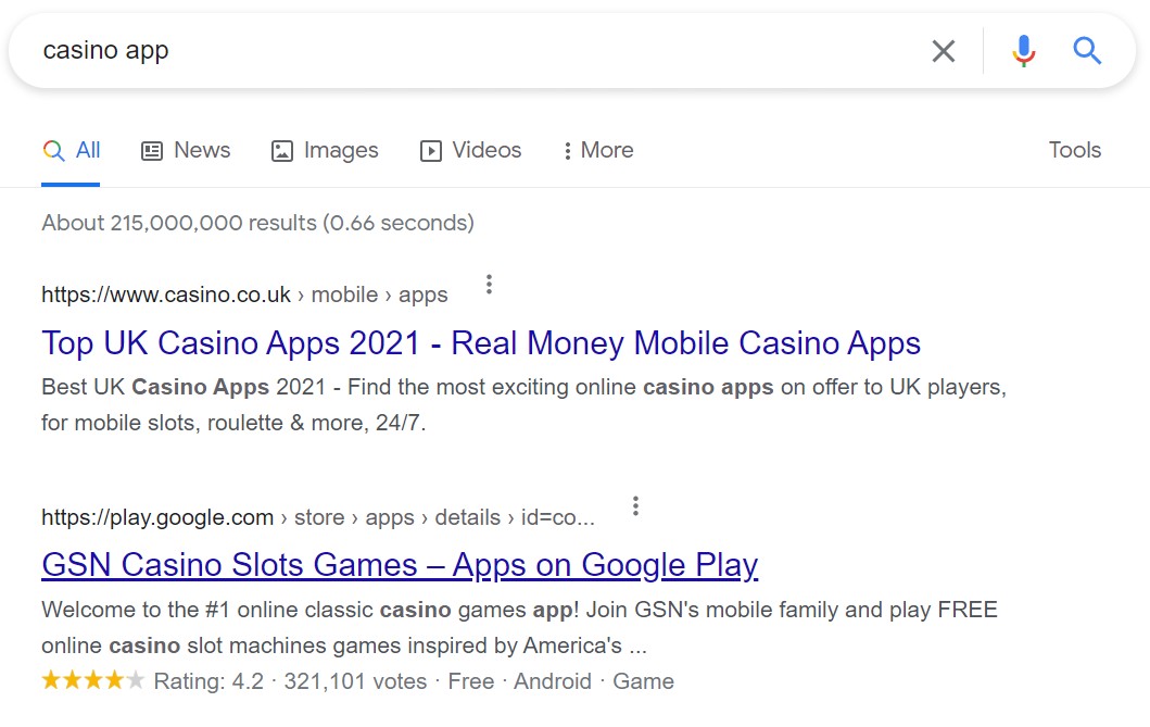 Search engine result for search phrase "casino app" offers app store result