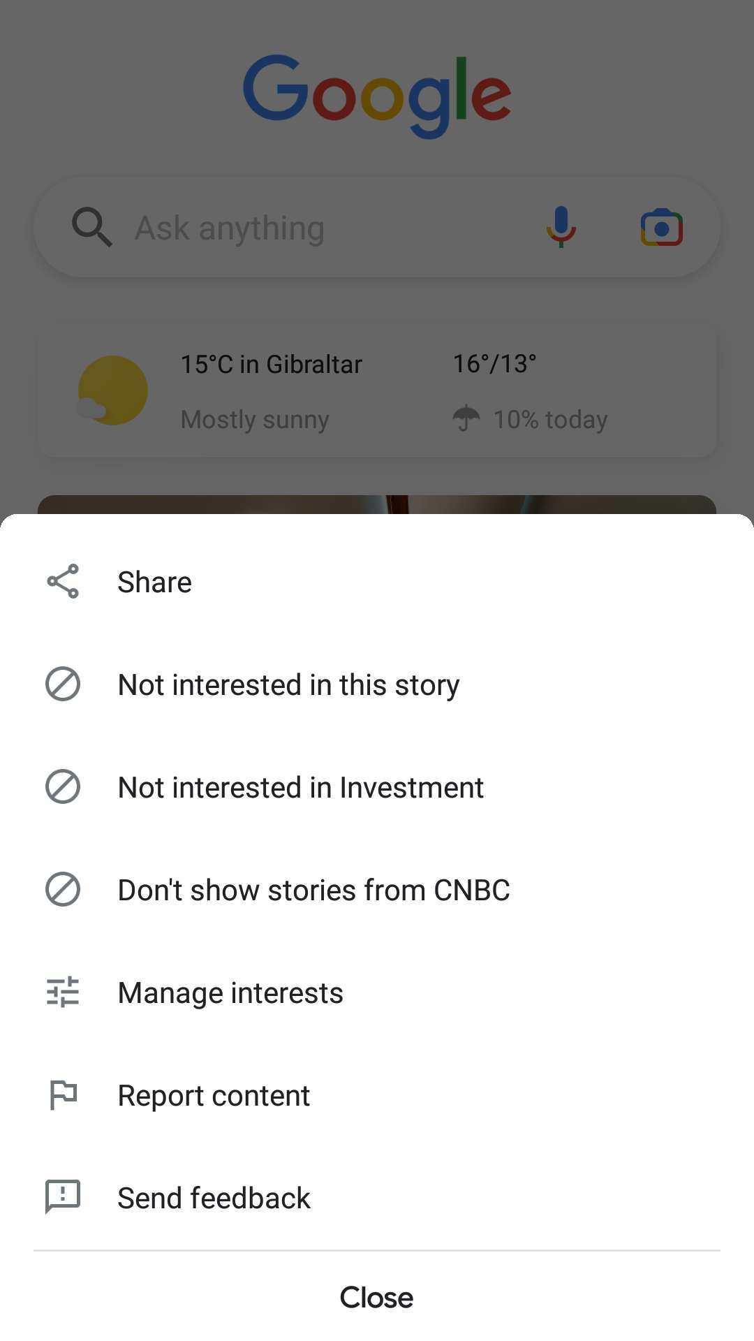 Google App Discover Card Options